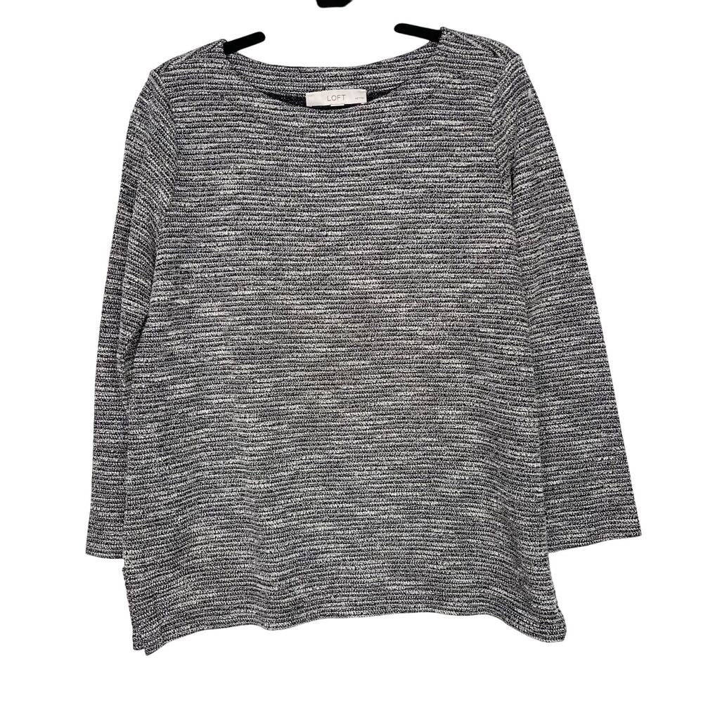 LOFT Large Petite LP Spacedye Knit Top Scoop Neck Gray Black Side Split Hem